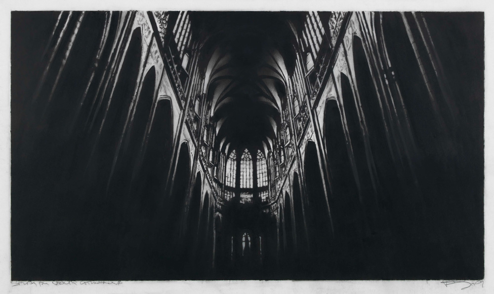 Robert Longo Study North Cathedral, 2009 Kohle auf Papier 30,5 x 53,3 cm / 48,1 x 60,6 cm, Foto: Lea Gryze