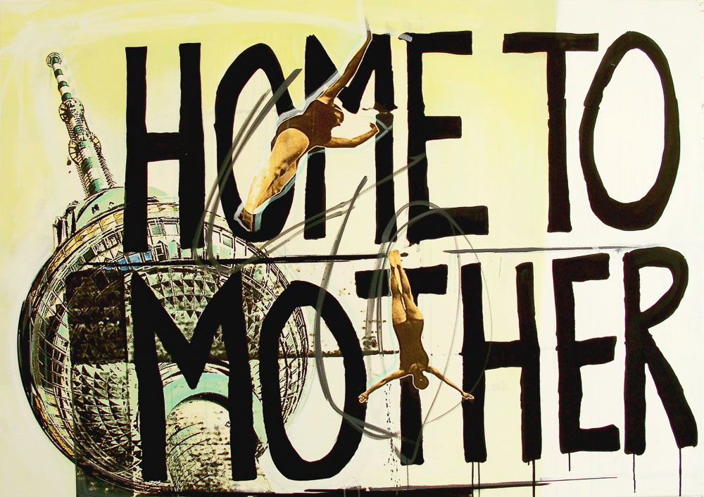 „HOME TO MOTHER“, 2015, Acryl, Inkjetprint, UV Farbe auf Leinwand, 120 x 170 cm,  Sebastian Moegelin mit Milch und Honig in der Woeske Gallery