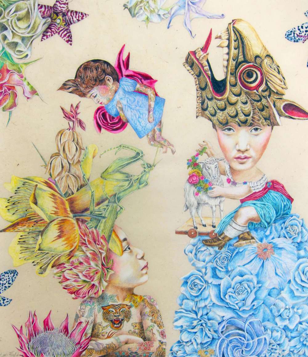 Lori Field Crouching Dragonlady Hidden Praying Mantis 55x45cm Pigment Stift auf Papier 2015, Tyger Tyger, janinebeangallery
