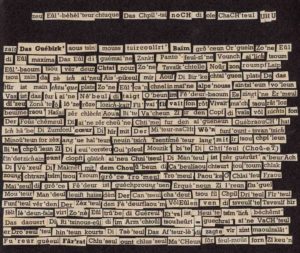 Dagmara Kraus, Collage aus das vogelmot schlich mit geknickter schnute © Berlin kookbooks 2016, Sprache und Wissen Kuratiert von Marcel Beyer Gespräche, Performances, Lesungen
