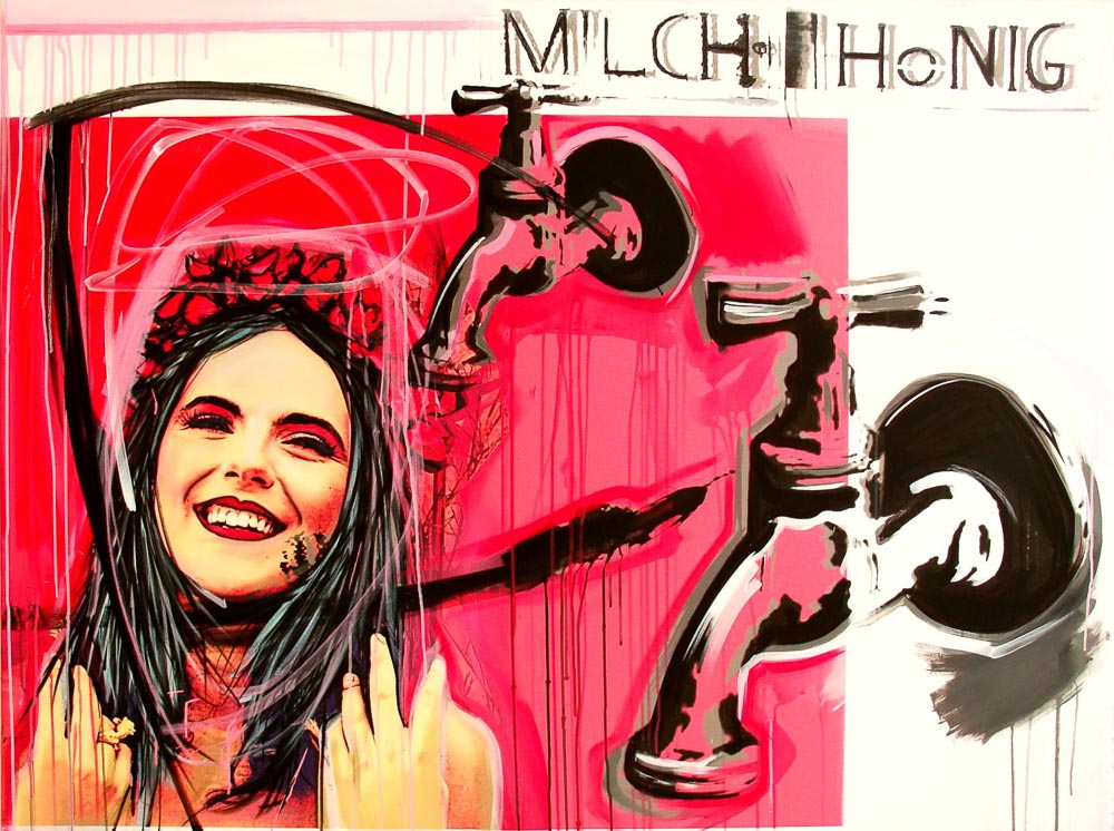 „MILCH UND HONIG“, 2015 Acryl, Inkjetprint, UV Farbe auf Leinwand, 120 x 160 cm, Sebastian Moegelin mit Milch und Honig in der Woeske Gallery