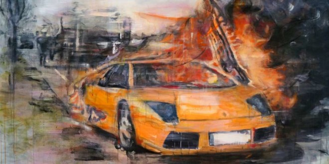 Tanja Selzer, Burning Lamborghini, 160 x 220 cm, Leinen, Séance, janinebeangallery