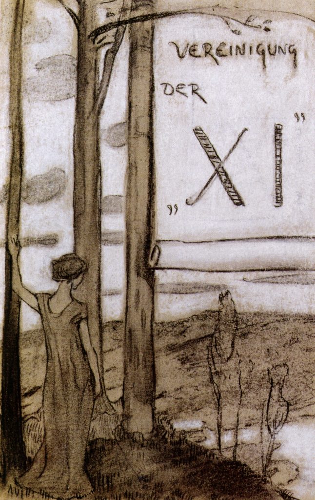 Ludwig von Hofmann Entwurf für eine Einladungskarte der Vereinigung der XI (an Bäumen stehendes Mädchen) Um 1892/93 Kohle und weiße Kreide auf Papier Ludwig-von-Hofmann-Archiv, Zürich Foto: Peter Schälchli, Zürich