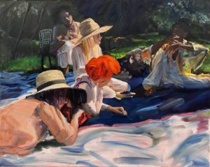 Jenna Gribbon, Lunch on the grass, a recurring dream, 2020, oil on linen, 24 x 30in. Courtesy of GNYP Gallery and the artist.