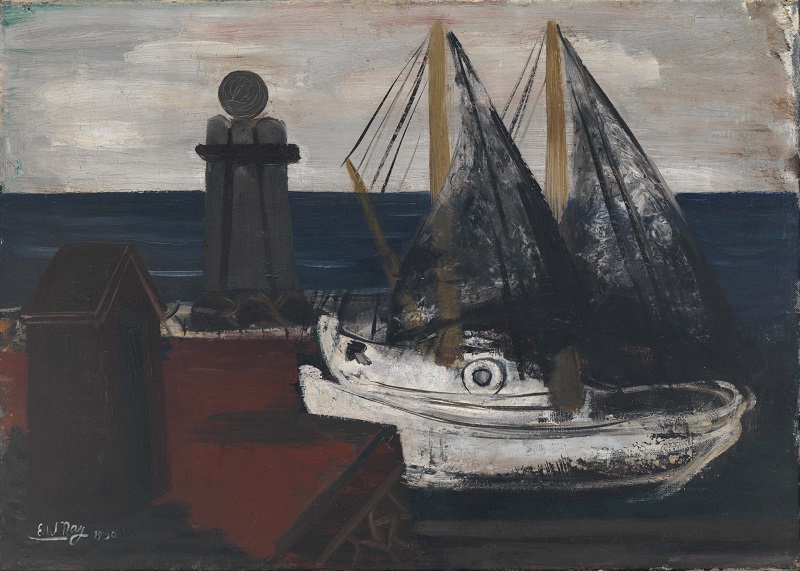 Ernst Wilhelm Nay, Fischerboote an der Hafenmole, 1930, Öl auf Leinwand, 50 x 70 cm