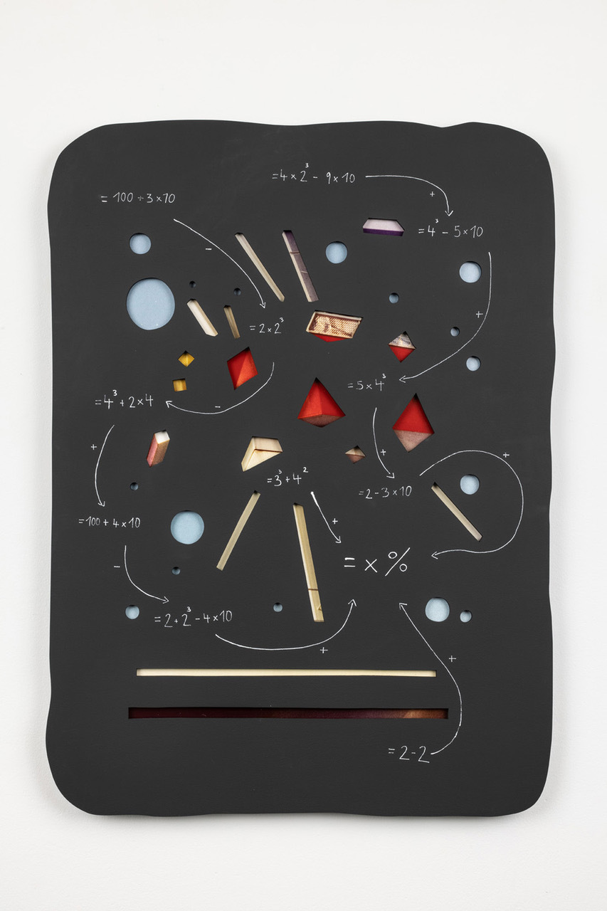 „In March 1976″, from the series Lesson I: The Algorithmic Gaze, 2021, Inkjet print, wood, blackboard paint, pen, 110 x 81 cm, Foto: Thomas Bruns, Berlin