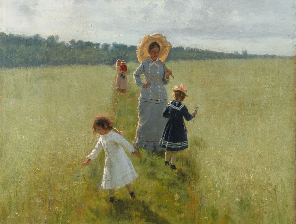 Ilja Repin: Auf dem Feldrain. Vera A. Repina geht mit ihren Kindern über den Feldrain, 1879, Staatliche Tretjakow-Galerie, Moskau