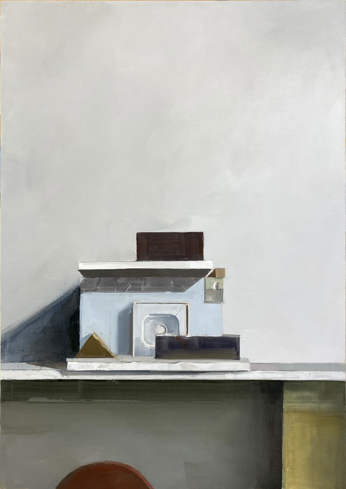 Sheetrock house with outdoor painting and jewel tones, 2022, oil on panel, 51 x 35,5 cm