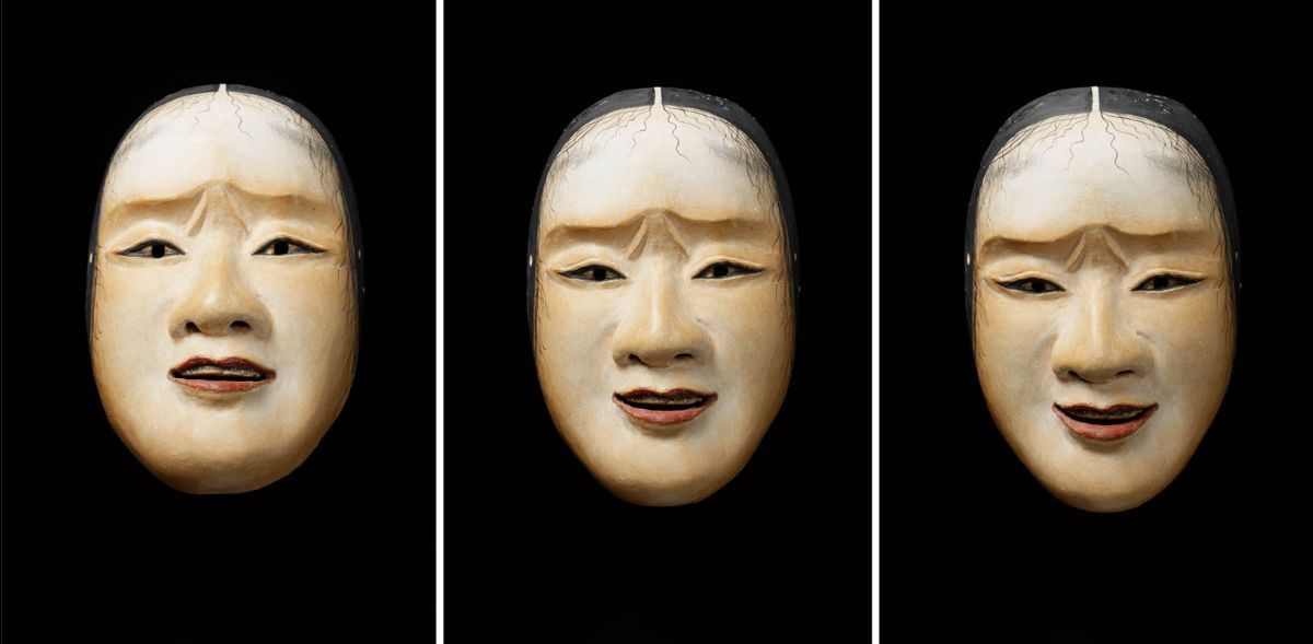 Nō-Maske einer jungen Frau, 19. – 20. Jahrhundert, Zypressenholz, Mineralien, Muschelkalk (gofun) © Samurai Museum Berlin, Foto: Norbert Artner