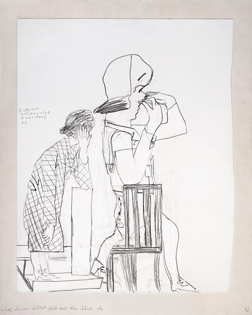 Romane Holderried Kaesdorf: Eine davon stützt sich auf der Säule ab, 1986 Graphit auf Papier; 65 x 51,3 cm