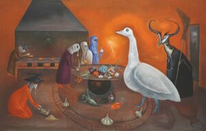 Leonora Carrington, Großmutter Moorheads aromatische Küche, 1975, Öl auf Leinwand, 79 x 124 cm, The Charles B. Goddard Center for the Visual and Performing Arts, Ardmore, Oklahoma © VG Bild-Kunst, Bonn 2022 / Abbildung: The Charles B. Goddard Center for the Visual and Performing Arts, Ardmore, Oklahoma