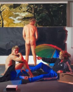 Raphael Paulun, Frühstück im Grünen, 2025, Öl auf Leinwand, 100 x 80 cm, 5400 €