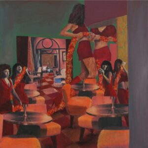 Cinthia Sifa Mulanga, Judgement walked in and they were all exposed, 2025, Acrylic paint with oil pastels and collage on canvas, 30 × 30 cm (11 3/4 × 11 3/4 in)