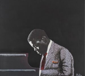 Sam Nhlengethwa, Oscar Peterson, 2021, Mixed media on canvas, 90 × 100 cm (35 3/8 × 39 3/8 in)