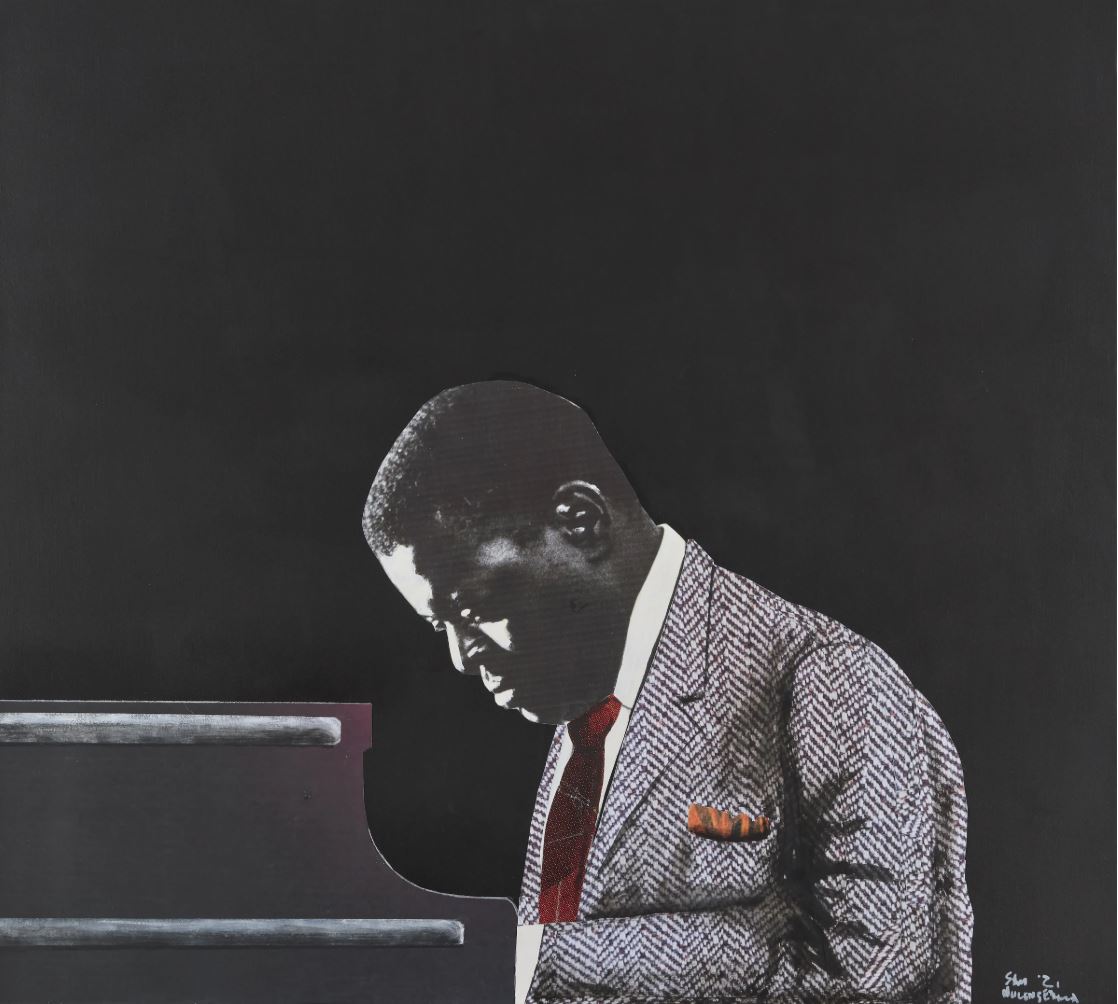 Sam Nhlengethwa, Oscar Peterson, 2021, Mixed media on canvas, 90 × 100 cm (35 3/8 × 39 3/8 in)