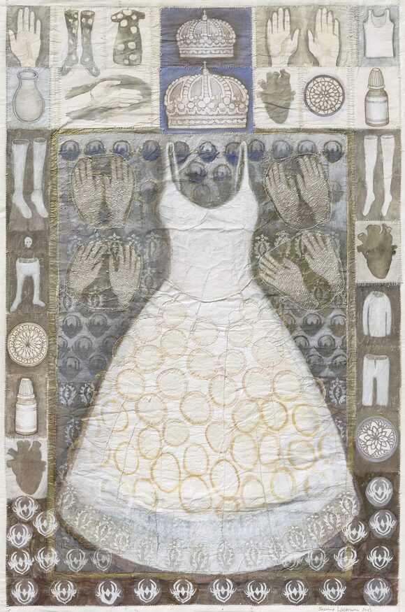 Susanne Waltermann Votivbilder aus Papier und Garn Detailaufnahme Susanne Waltermann Votivbilder mit groben Stichen Textilkunst Werk aus der Serie Susanne Waltermann Votivbilder