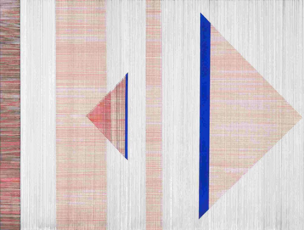 Ines Doleschal, Kette und Schuss No 7, 2023, Tusche, Acryl auf Papier (Collage), 32 x 24 cm, © Doleschal, VG Bild