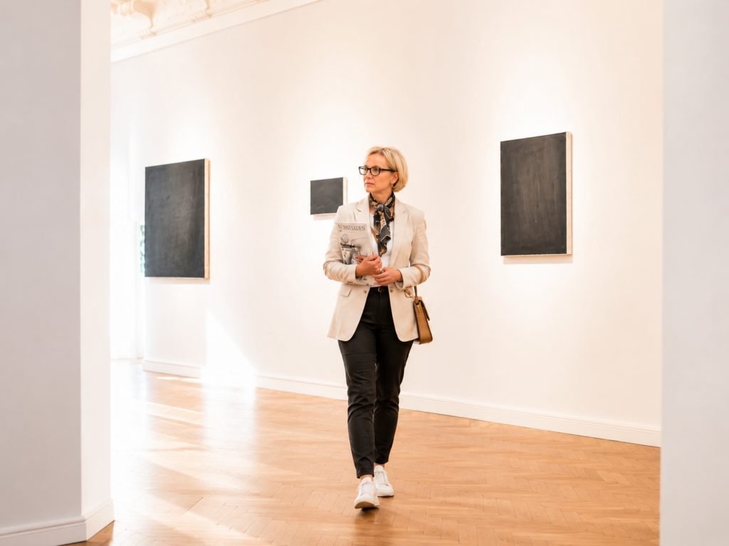 Besucherin steht mittig in einer hellen Berliner Galerie zwischen zwei grauen Arbeiten