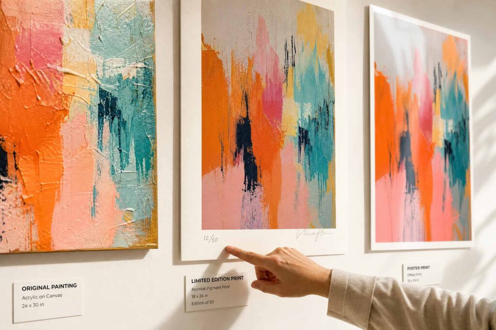 „Original, Edition und Druck im Vergleich an einer Galeriewand" (enthält Keyphrase-Begriffe)