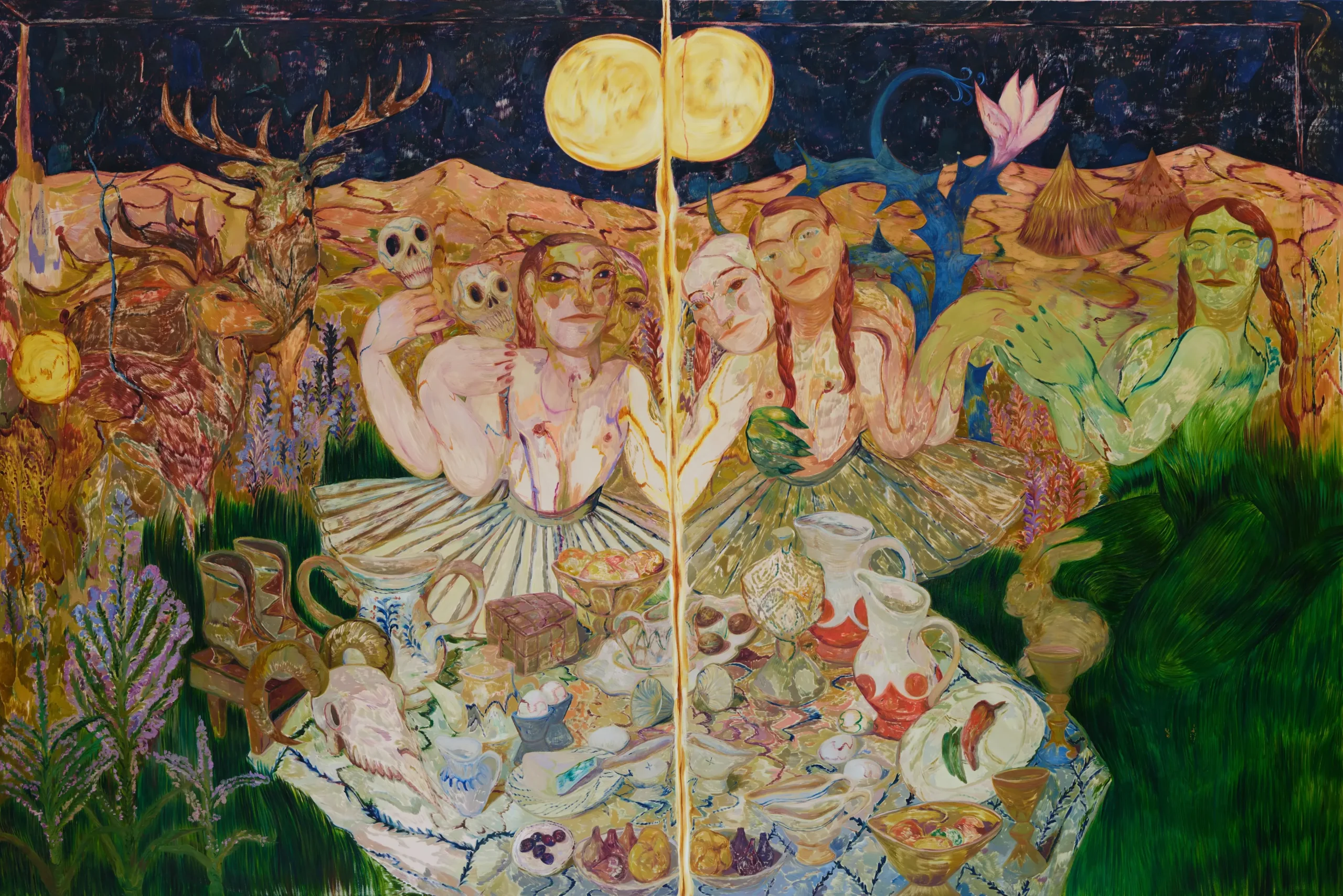 Rusudan Khizanishvili The Feast and Two Moon, 2025 Oil on canvas 200x300cm (RK1/M 256)