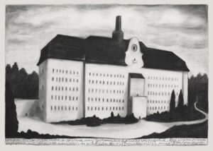 Herbert Nauderer, Das Haus des Erfinders, 2021, Kohle auf Papier © Herbert Nauderer, VG Bild-Kunst, Bonn 2026
