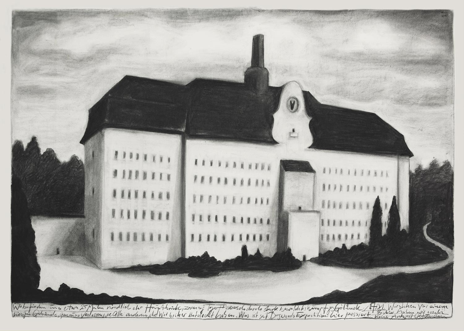 Herbert Nauderer, Das Haus des Erfinders, 2021, Kohle auf Papier © Herbert Nauderer, VG Bild-Kunst, Bonn 2026