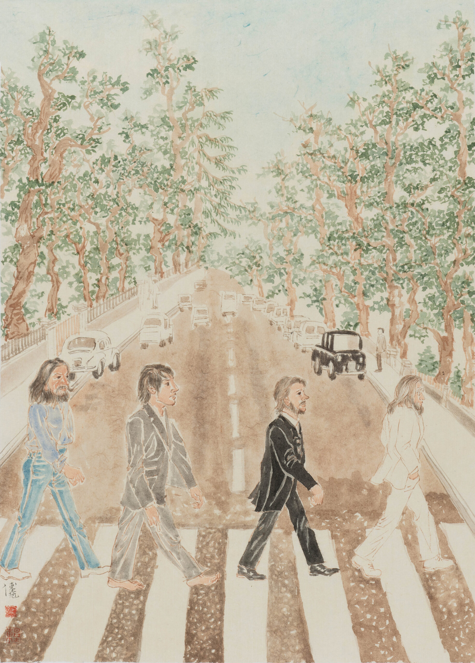 Overlay Migrant Bird Space: Fu Xiaodong, Nirvana (2026), Tusche auf Reispapier, vier Männer auf dem Zebrastreifen der Abbey Road