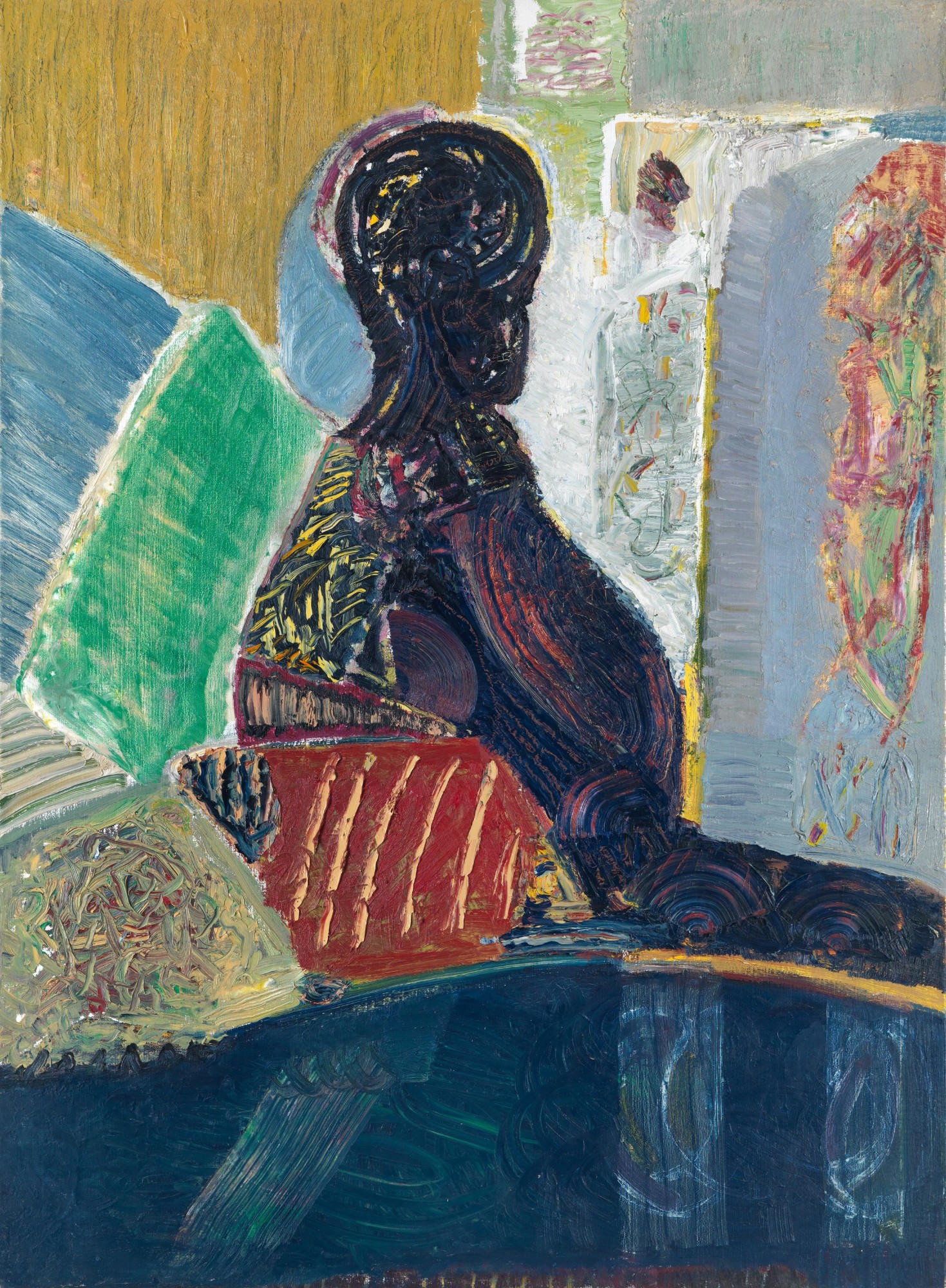 Strawalde Galerie Michael Haas: Gemälde Rückschau von 2006 mit dunkler Figur im Profil vor farbigen Flächen